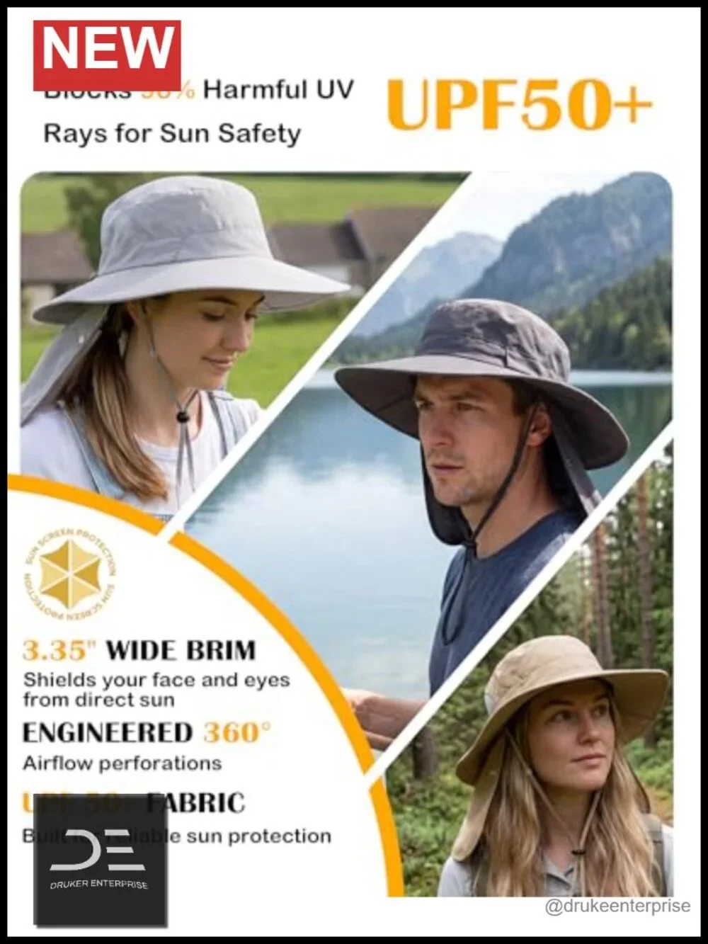 UPF 50+ Wide Brim Sun Hat with Neck Flap Fishing Bucket Hat Men Women